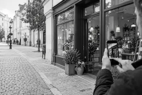 Lokales Geschäft und Smartphone mit digitaler Standortinformation