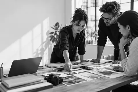 Content-Team plant Social-Media-Formate an einem Tisch